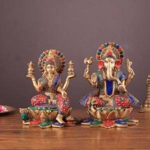 Pure Brass Ganesh Lakshmi Idols Pair with Meenakari Stonework - 12" Height